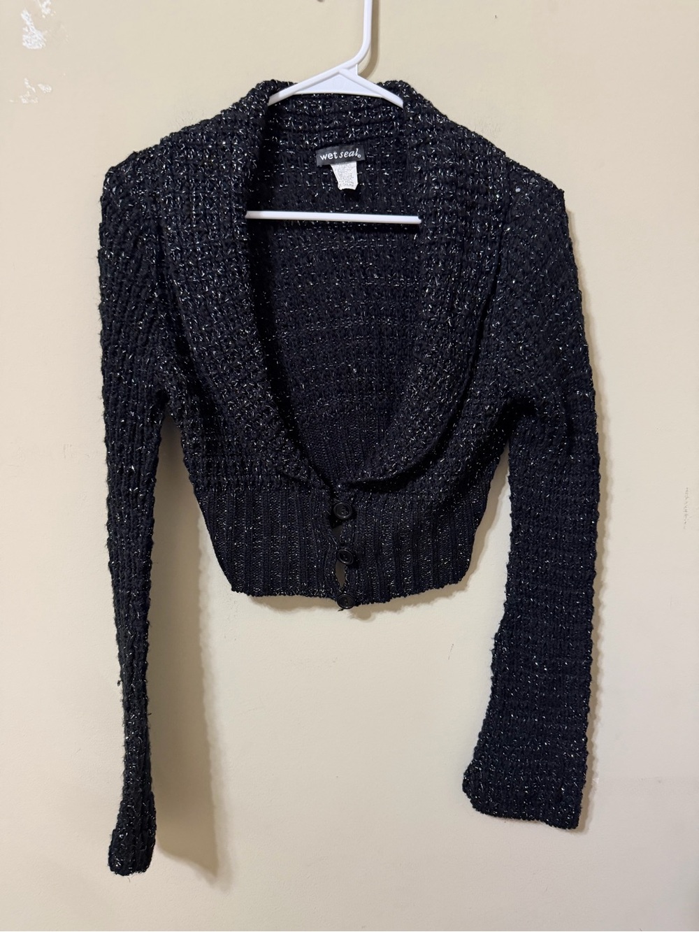 Wet Seal vintage Black metallic medium Cropped Shawl Collar Sweater y2k goth euc
